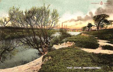 Clyde Circa 1910 looking toward Clyde Bridge with Clydebridge Steelwork Smoking chimney stacks in the background - Post Card dated 1924 - Produced for Peddie & Coy., Cambuslang - Reliable Series No 181/8
